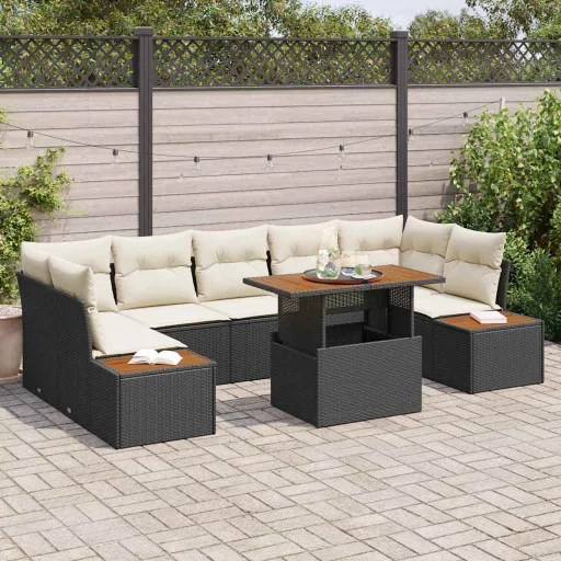 Conjunto de Jantar para Jardim com Almofada   Preto e Bege (8 pcs)