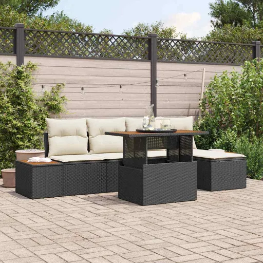 Conjunto de Jantar para Jardim com Almofada   Preto e Bege (6 pcs)