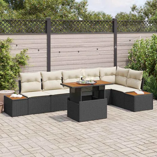 Conjunto de Jantar para Jardim com Almofada   Preto e Bege (7 pcs)