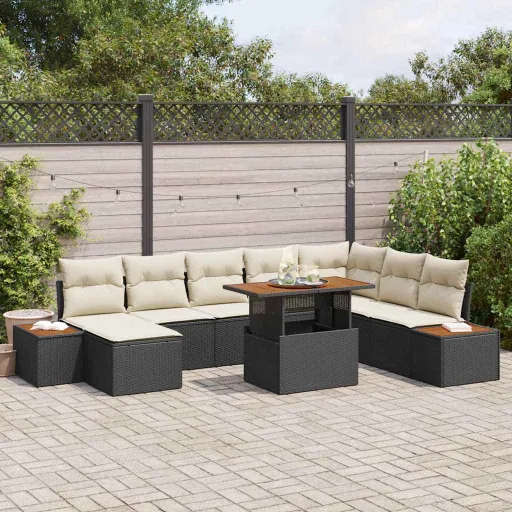 Conjunto de Jantar para Jardim com Almofada   Preto e Bege (9 pcs)