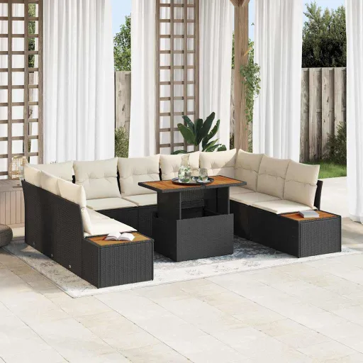 Conjunto de Jantar para Jardim com Almofada   Preto e Bege (10 pcs)