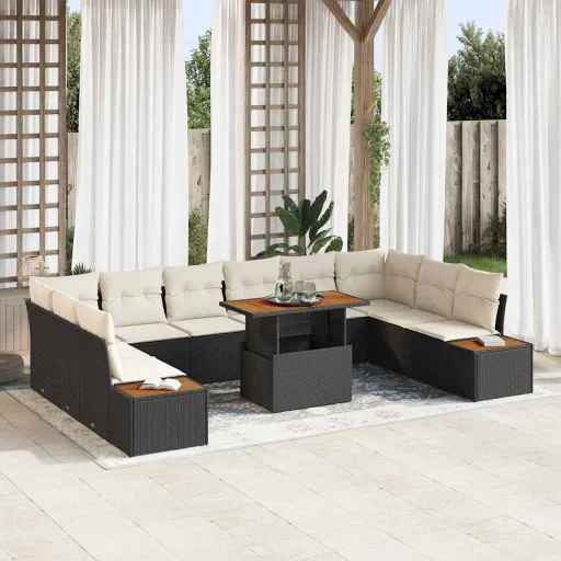 Conjunto de Jantar para Jardim com Almofada   Preto e Bege (11 pcs)