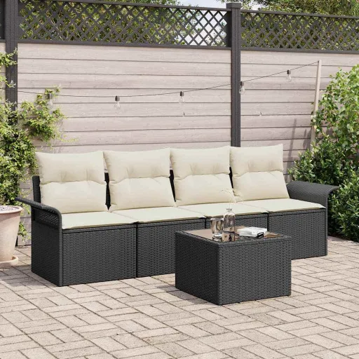 Conjunto de Sofá de Jardim   Preto e Creme Vime PE (5 pcs)