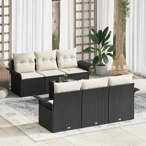 Conjunto de Sofá de Jardim   Preto e Creme Vime PE (7 pcs)