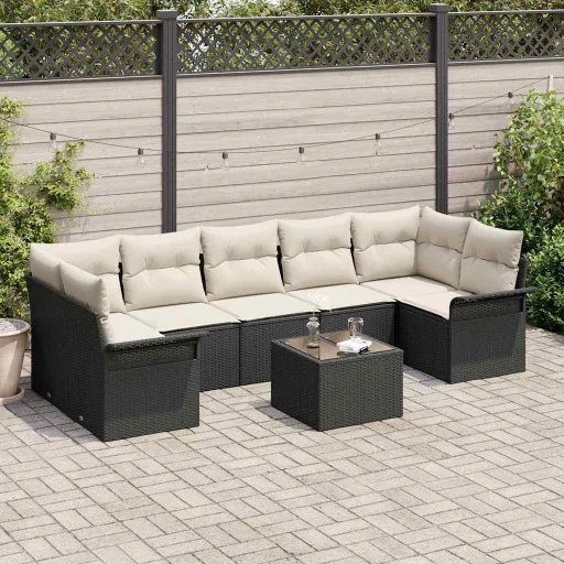 Conjunto de Sofá de Jardim   Preto e Creme Vime PE (8 pcs)