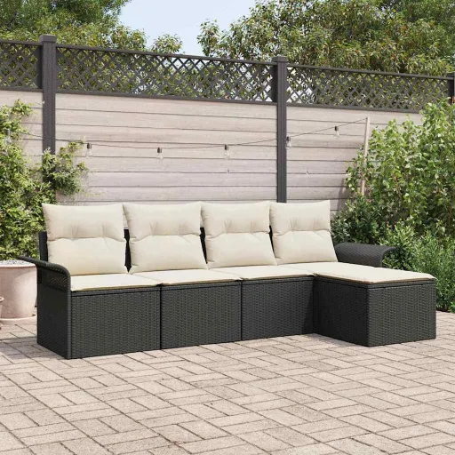 Conjunto de Sofá de Jardim com Almofada   Preto Vime PE (5 pcs)