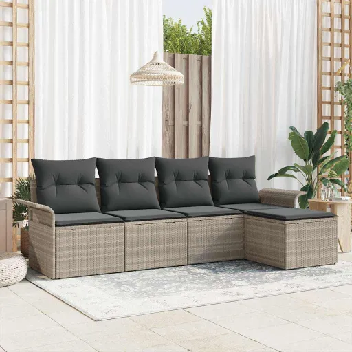 Conjunto de Sofá de Jardim   Cinzento-Claro Vime PE (5 pcs)