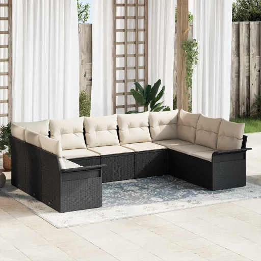 Conjunto de Sofá de Jardim   Preto Vime PE (9 pcs)
