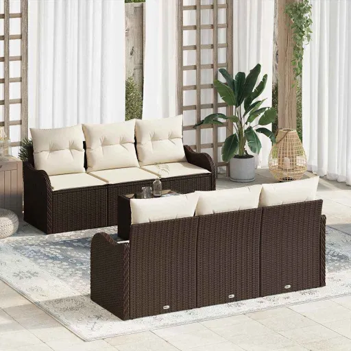 Conjunto de Sofá de Jardim com Almofada   Marrom e Creme (7 pcs)