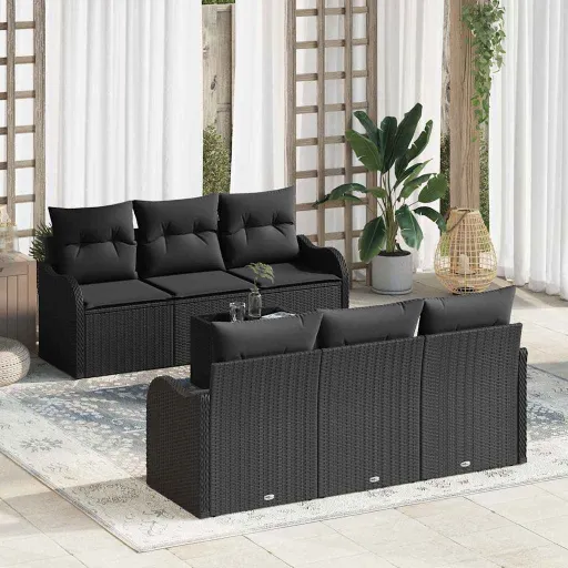 Conjunto de Sofá de Jardim com Almofada   Preto (7 pcs)