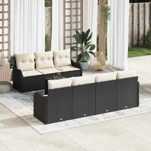 Conjunto de Sofá de Jardim com Almofada   Preto e Creme (8 pcs)