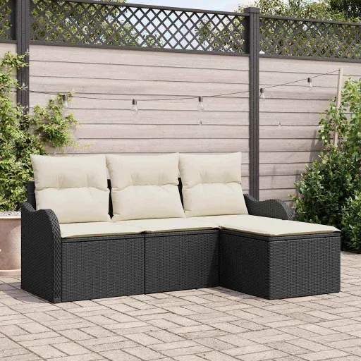 Conjunto de Sofá de Jardim   Preto Vime PE (4 pcs)