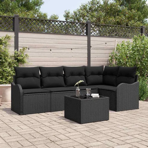 Conjunto de Sofá de Jardim   Preto Vime PE (6 pcs)