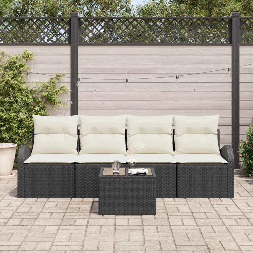 Conjunto de Sofá de Jardim   Preto e Creme Vime PE (5 pcs)