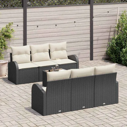Conjunto de Sofá de Jardim   Preto e Creme Vime PE (7 pcs)