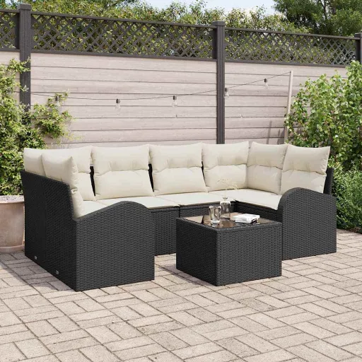 Conjunto de Sofá de Jardim   Preto e Creme Vime PE (7 pcs)