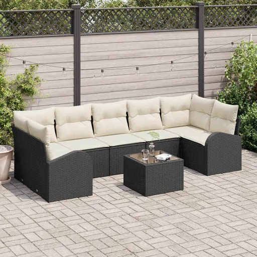 Conjunto de Sofá de Jardim   Preto e Creme Vime PE (8 pcs)
