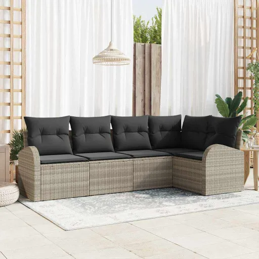 Conjunto de Sofá de Jardim   Cinzento-Claro Vime PE (5 pcs)