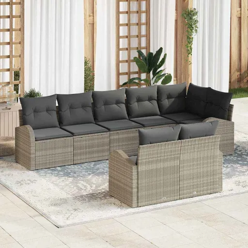 Conjunto de Sofá de Jardim   Cinzento-Claro Vime PE (8 pcs)