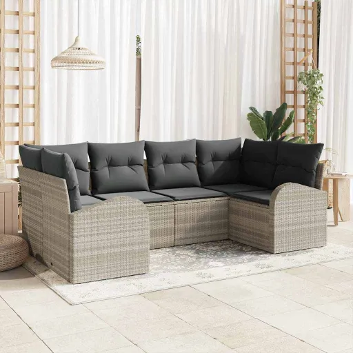 Conjunto de Sofá de Jardim   Cinzento-Claro Vime PE (6 pcs)