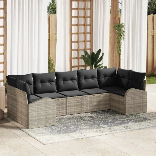 Conjunto de Sofá de Jardim   Cinzento-Claro Vime PE (7 pcs)