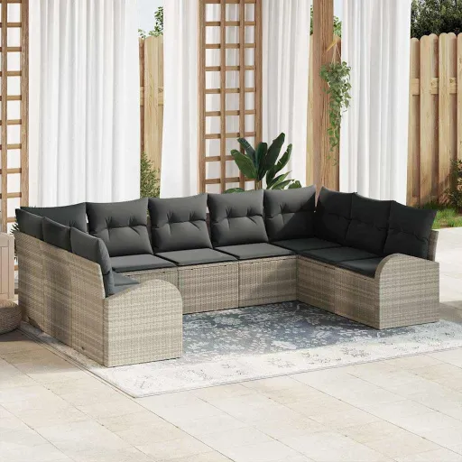 Conjunto de Sofá de Jardim   Cinzento-Claro Vime PE (9 pcs)