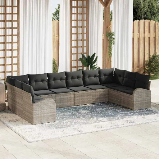 Conjunto de Sofá de Jardim   Cinzento-Claro Vime PE (10 pcs)