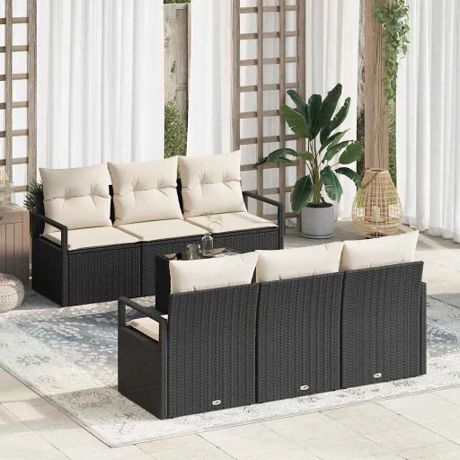 Conjunto de Sofá de Jardim   Preto e Creme Vime PE (7 pcs)