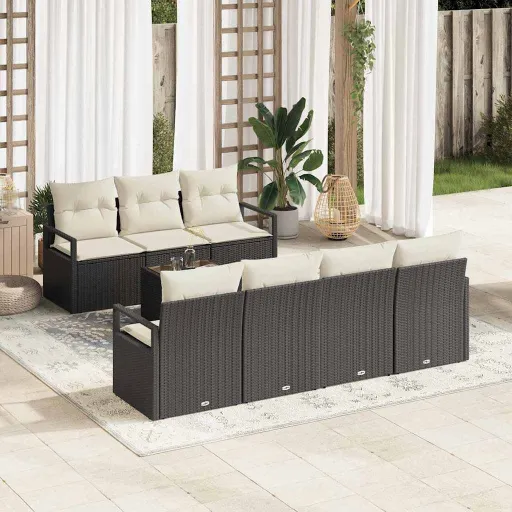 Conjunto de Sofá de Jardim com Almofada   Preto e Creme (8 pcs)