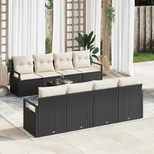 Conjunto de Sofá de Jardim   Preto e Creme Vime PE (9 pcs)