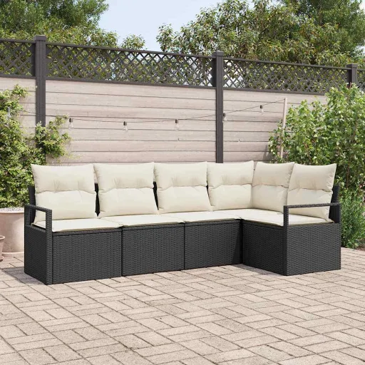 Conjunto de Sofá de Jardim   Preto e Branco Vime PE (5 pcs)