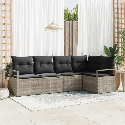 Conjunto de Sofá de Jardim   Cinzento-Claro Vime PE (5 pcs)