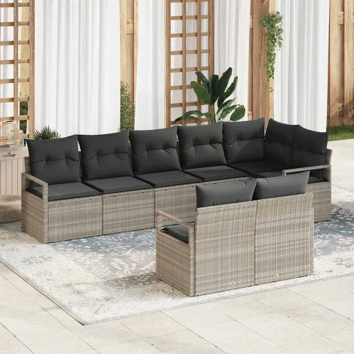 Conjunto de Sofá de Jardim   Cinzento-Claro Vime PE (8 pcs)