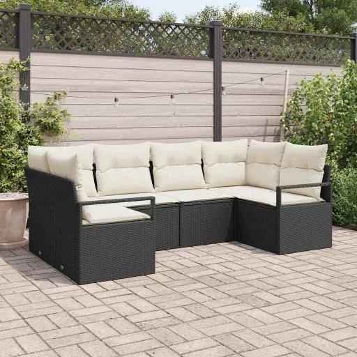 Conjunto de Sofá de Jardim   Preto e Branco Vime PE (6 pcs)