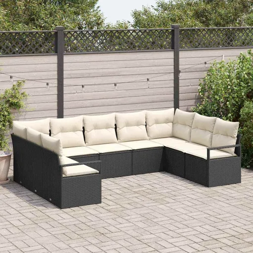 Conjunto de Sofá de Jardim   Preto e Branco Vime PE (9 pcs)