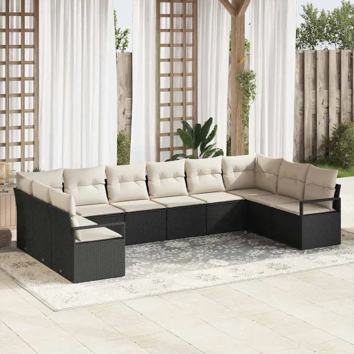Conjunto de Sofá de Jardim   Preto e Branco Vime PE (10 pcs)