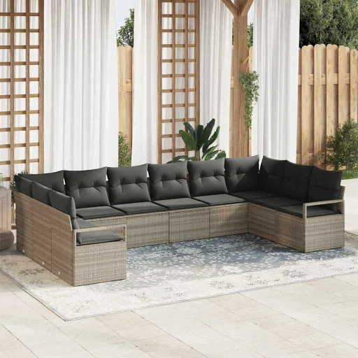 Conjunto de Sofá de Jardim   Cinzento-Claro Vime PE (10 pcs)