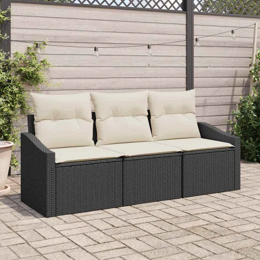 Conjunto de Sofá de Jardim   Preto e Branco Vime PE (3 pcs)