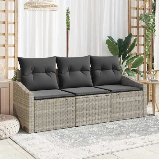 Conjunto de Sofá de Jardim   Cinzento-Claro Vime PE (3 pcs)