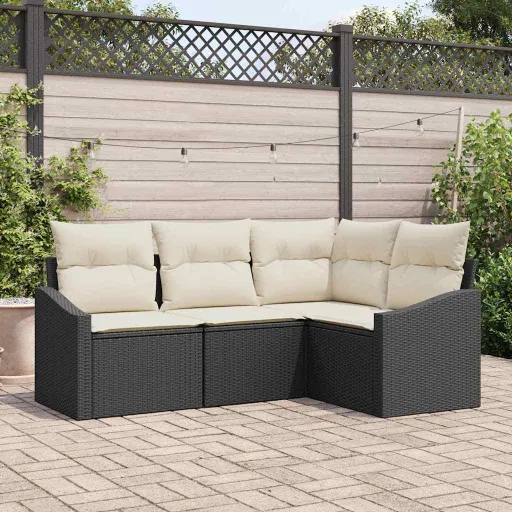 Conjunto de Sofá de Jardim   Preto e Branco Vime PE (4 pcs)