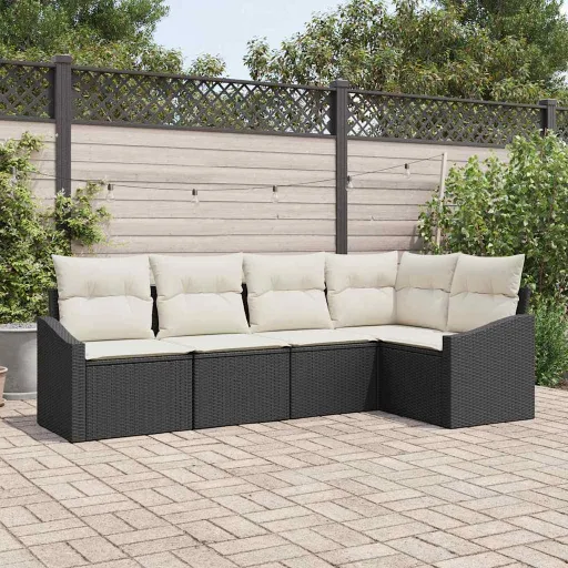 Conjunto de Sofá de Jardim   Preto e Branco Vime PE (5 pcs)