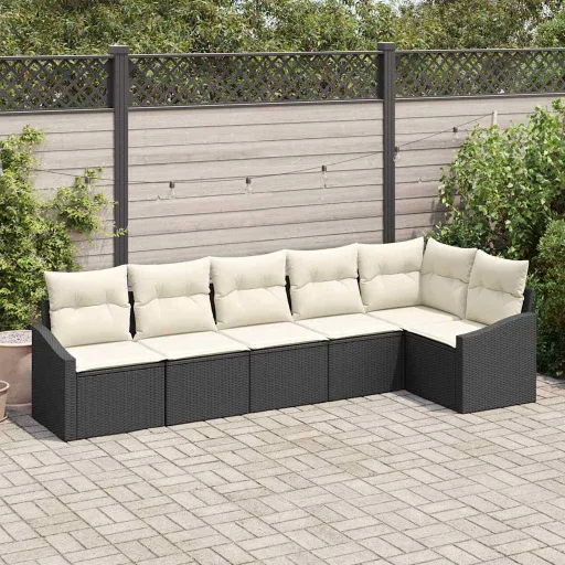 Conjunto de Sofá de Jardim   Preto e Branco Vime PE (6 pcs)