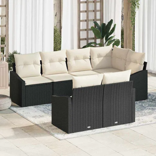 Conjunto de Sofá de Jardim   Preto e Branco Vime PE (7 pcs)