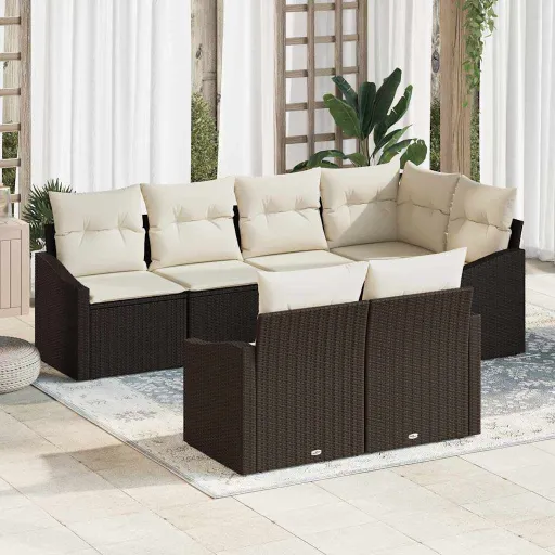 Conjunto de Sofá de Jardim   Marrom e Branco Vime PE (7 pcs)