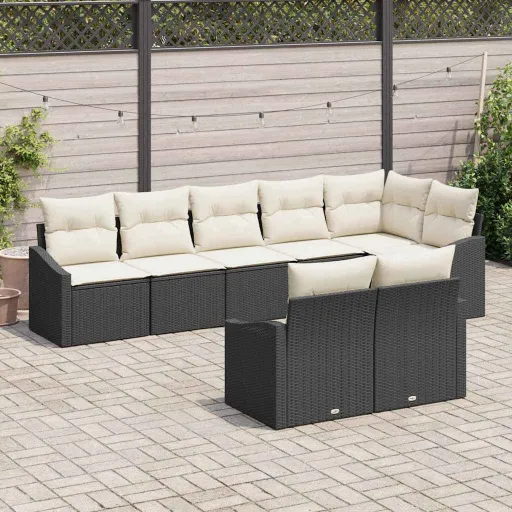 Conjunto de Sofá de Jardim   Preto e Branco Vime PE (8 pcs)