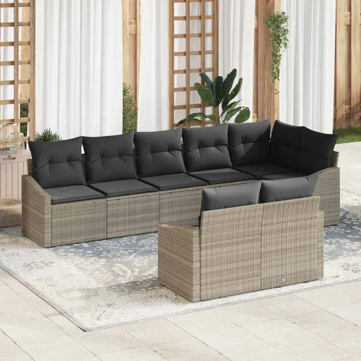 Conjunto de Sofá de Jardim   Cinzento-Claro Vime PE (8 pcs)