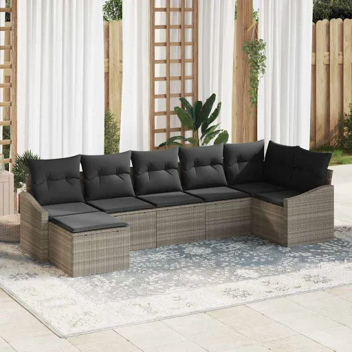 Conjunto de Sofá de Jardim   Cinzento-Claro Vime PE (7 pcs)