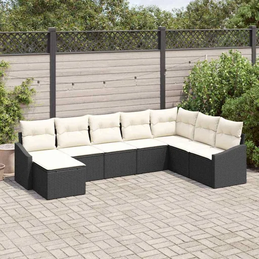 Conjunto de Sofá de Jardim   Preto e Creme Vime PE (8 pcs)