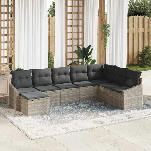 Conjunto de Sofá de Jardim   Cinzento-Claro Vime PE (8 pcs)