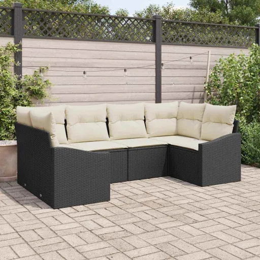 Conjunto de Sofá de Jardim   Preto e Creme Vime PE (6 pcs)